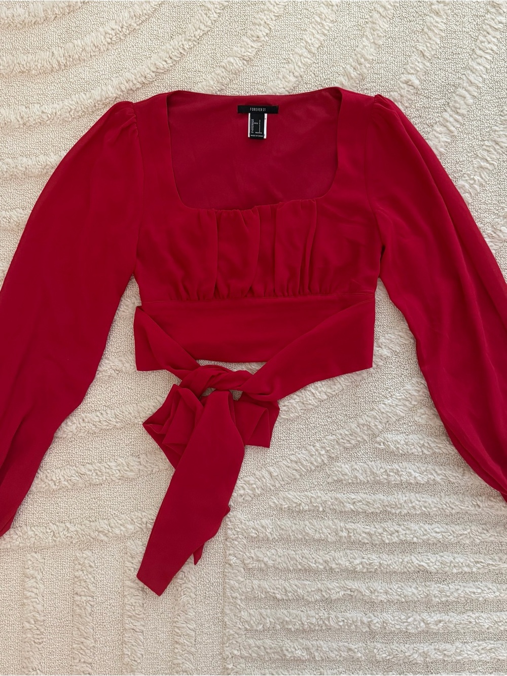 Forever 21 Red Long Sleeve Crop Top Tie Back Square Neck Women’s Size Small